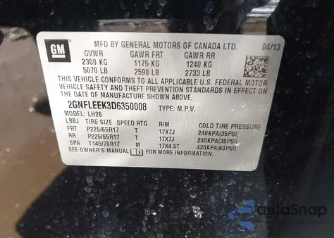 2013 Chevrolet Equinox 1Lt from USA, damaged, VIN 2GNFLEEK3D6350008